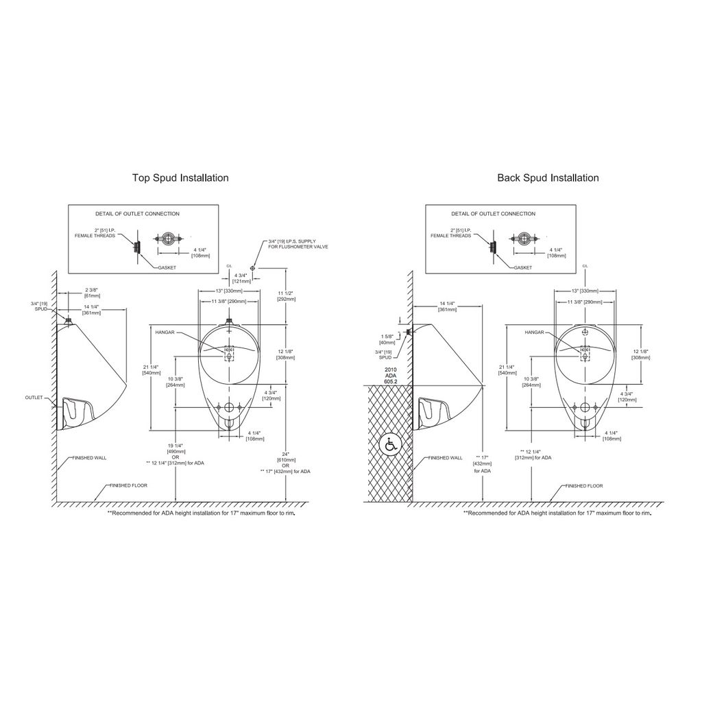 TOTO UT105UVG Commercial Washout Ultra High Efficiency Urinal Back Spud 3