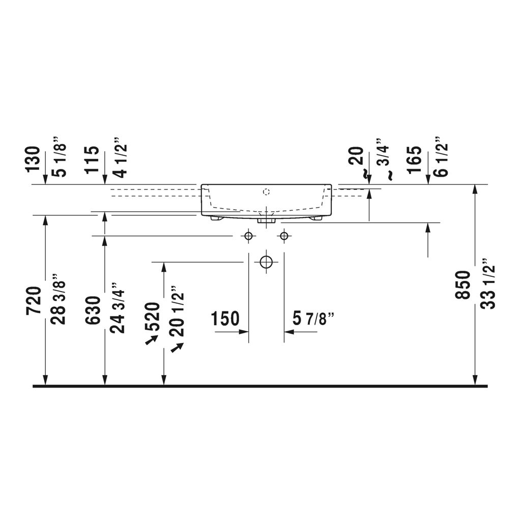 Duravit 038255 Vero Air Semi Recessed Three Holes Washbasin 3