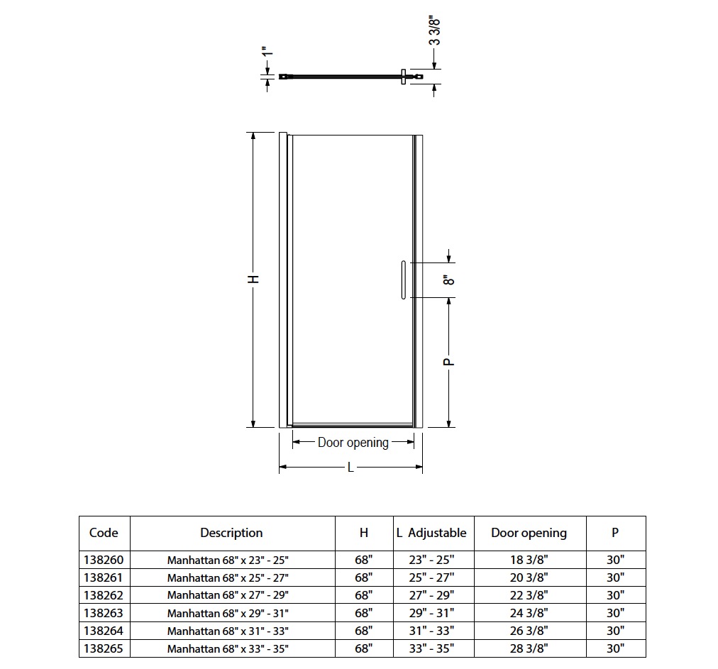 Maax 138264-900-340-100 Manhattan 31-33 x 68 in. 6 mm Pivot Shower Door for Alcove Installation with Clear glass & Round Handle in Matte Black