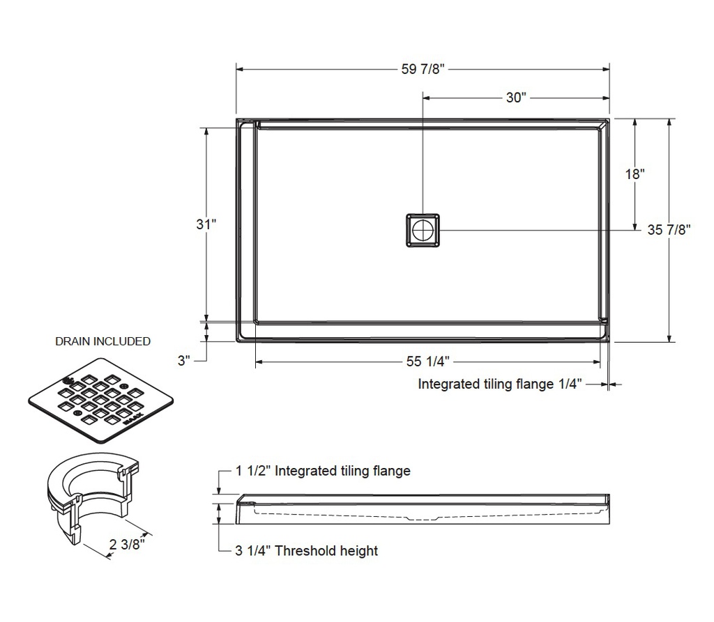 Maax 420033-543-001-000 B3X 6036 Acrylic Corner Right Shower Base with Anti-slip Bottom with Center Drain in White