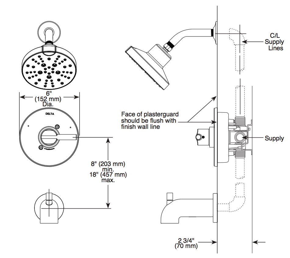 Delta 144749-GZ Tub/Shower Rough & Trim 1L 14S