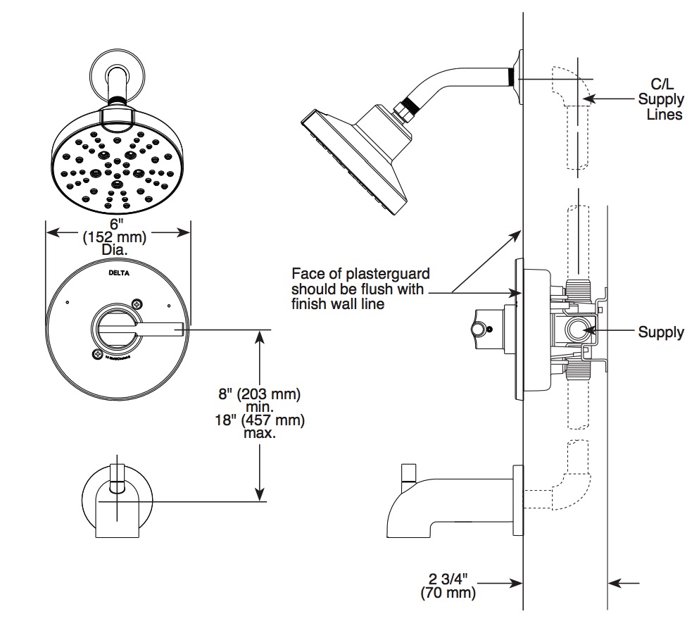 Delta 144749-SS Tub/Shower Rough & Trim 1L 14S