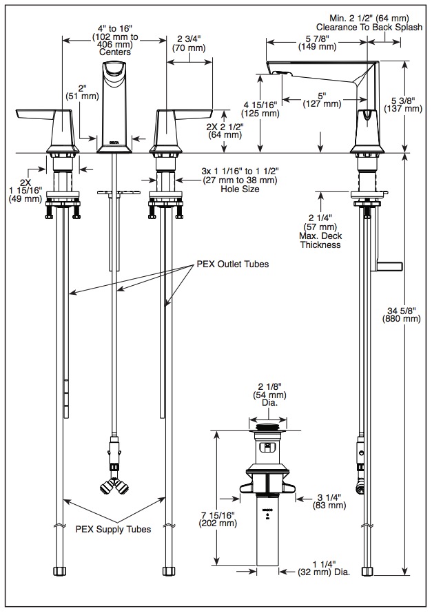 Delta 3571-PR-MPU-DST Two Handle Widespread Bathroom Faucet