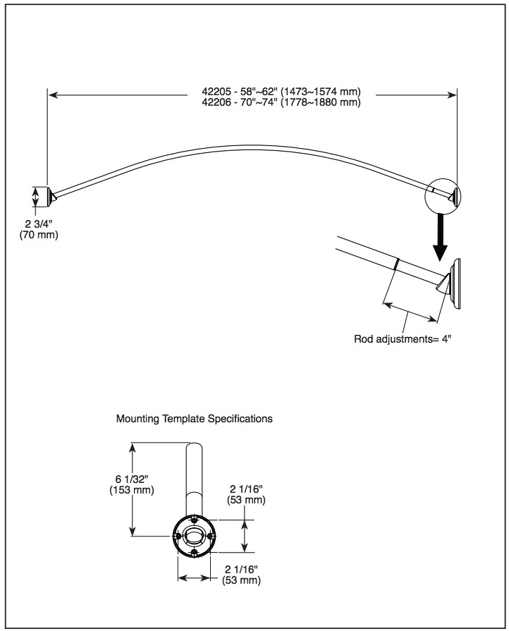 Delta 42205 Shower Rod W/ Brackets 6" Bow 1" X 5' 