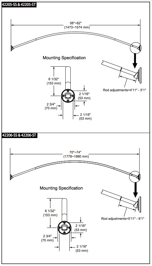 Delta 42205-SS 5' Curved Shower Rod With 6" Bow 