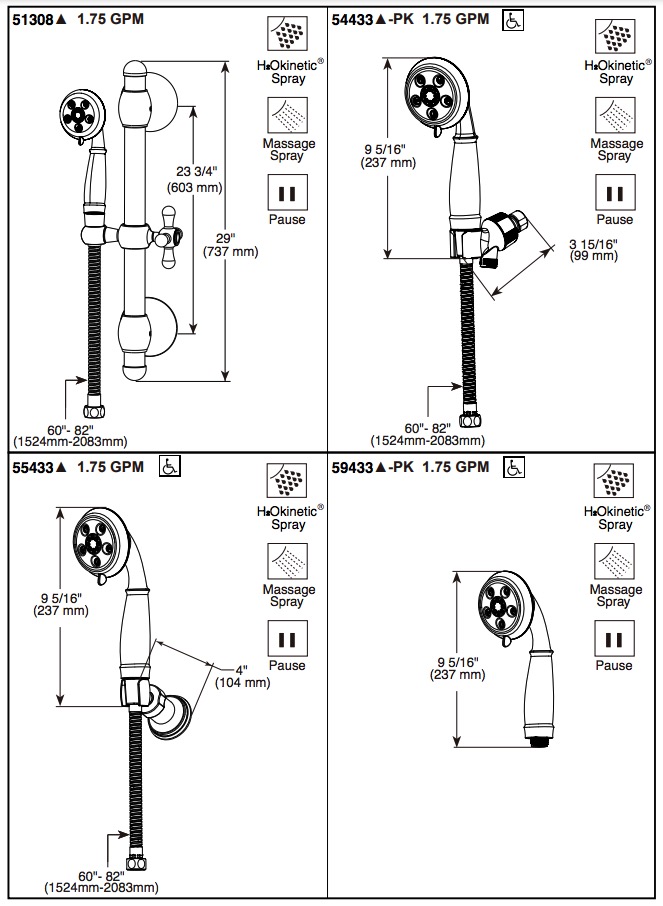 Delta 51308-CZ Cassidy Slide Bar Handswr Round Trad. 3 Setting 