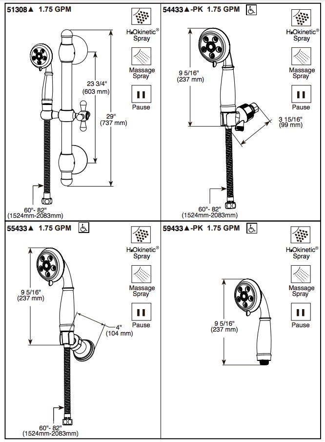 Delta 51308-PN Cassidy Slide Bar Handswr Round Trad. 3 Setting 