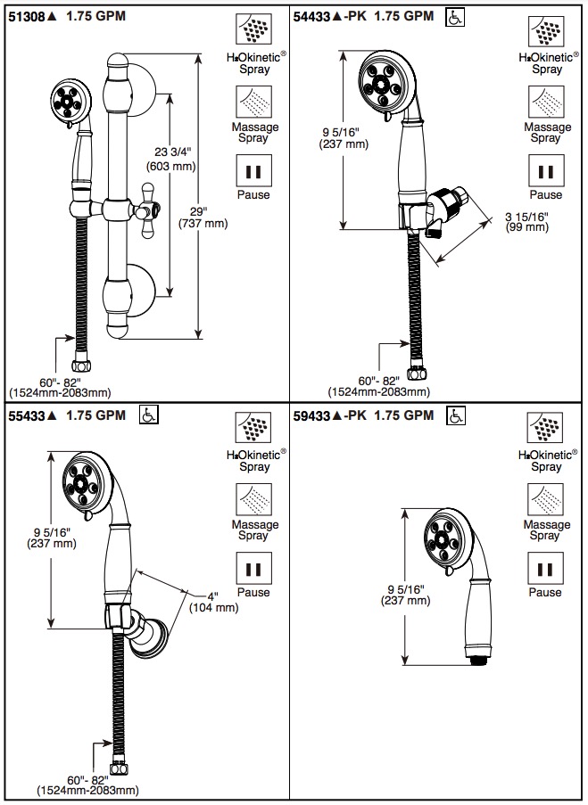 Delta 51308-SS Cassidy Slide Bar Handswr Round Trad. 3 Setting 