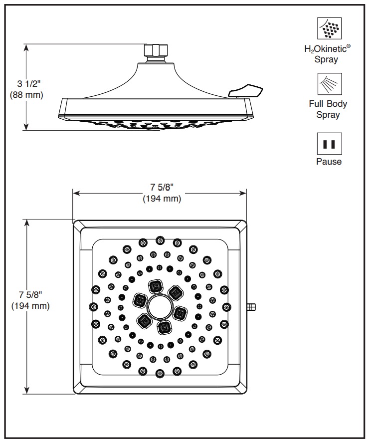 Delta 52684-CZ-PR H2O Shower Head 1.75 Gpm 3-Setting