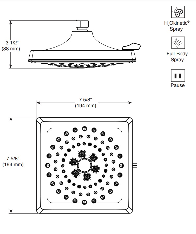 Delta 52684-PR 3 Setting H2Okinetic Square Raincan