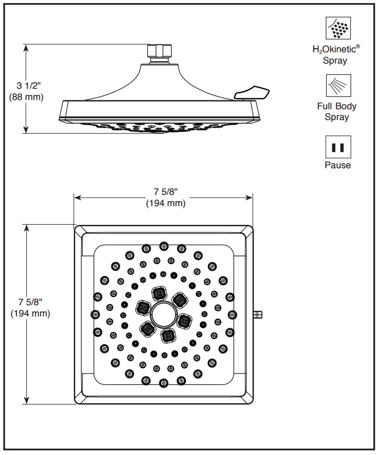 Delta 52684-SS-PR 3 Setting H2Okinetic Square Raincan