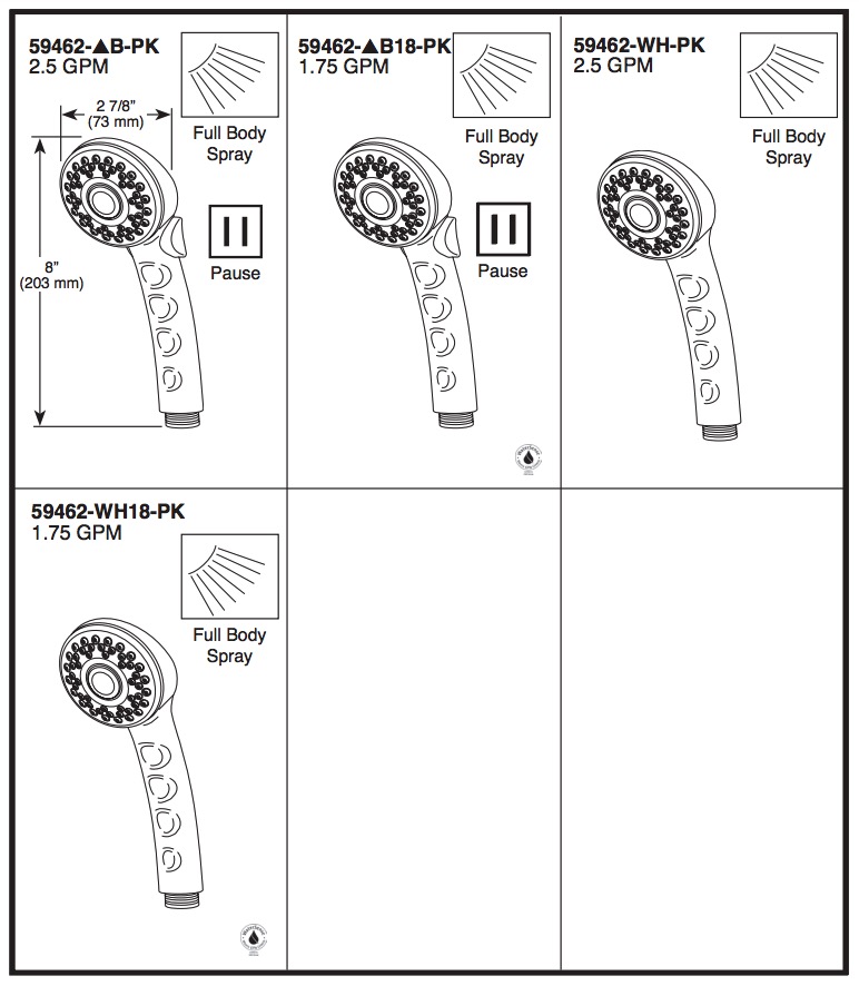 Delta 59462-WHB-PK Push Button Pause Full Spray Hand Shr 