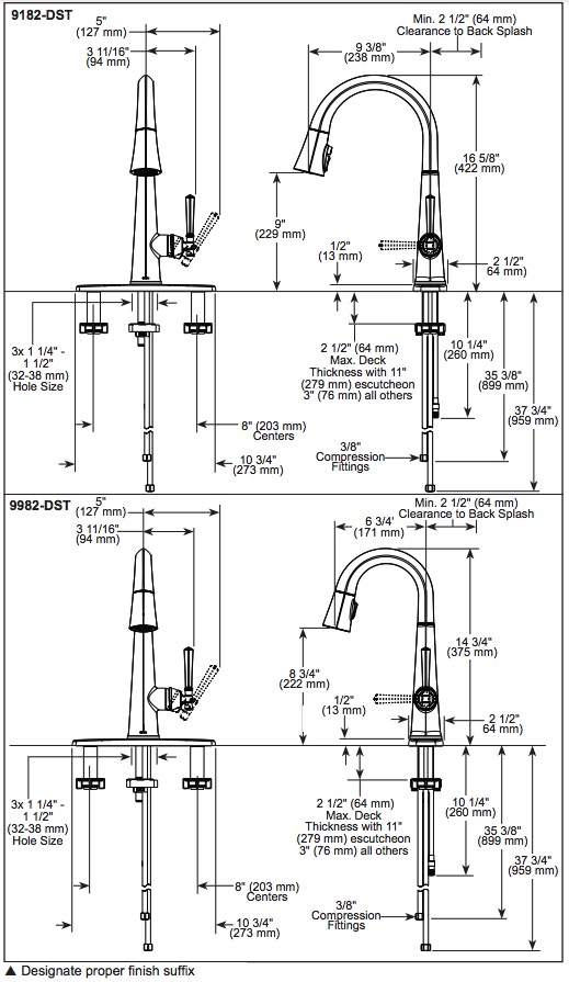 Delta 9982-BL-DST Emmeline Pull-Down Bar/Prep Faucet 1L 