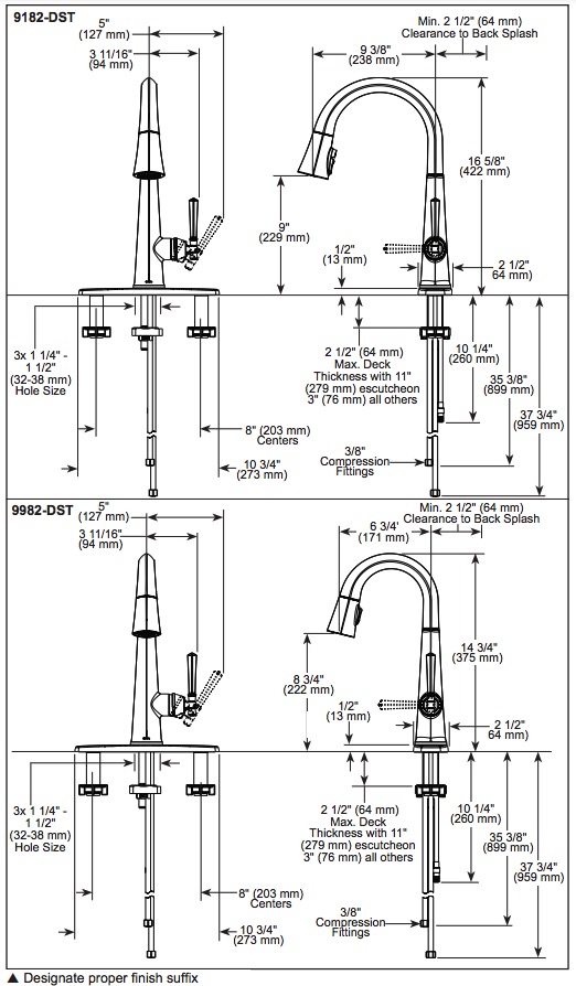Delta 9982-CZ-PR-DST Emmeline Pull-Down Bar/Prep Faucet 1L 