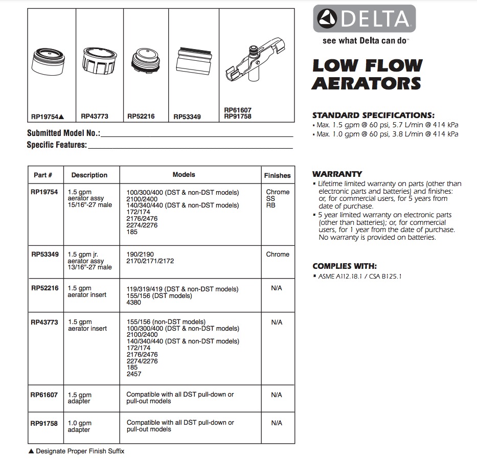 Delta RP19754 D-Aerator Assy-1.5 Gpm-Chrome 