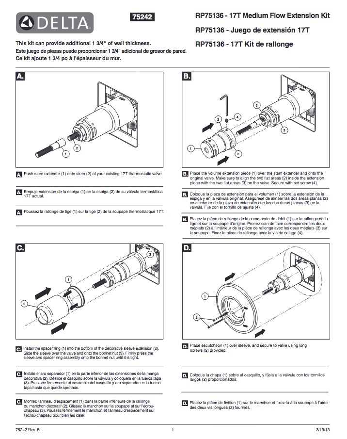 Delta RP75136 Tempassure Extension Kit Add Itional 1 3/8" Installation 