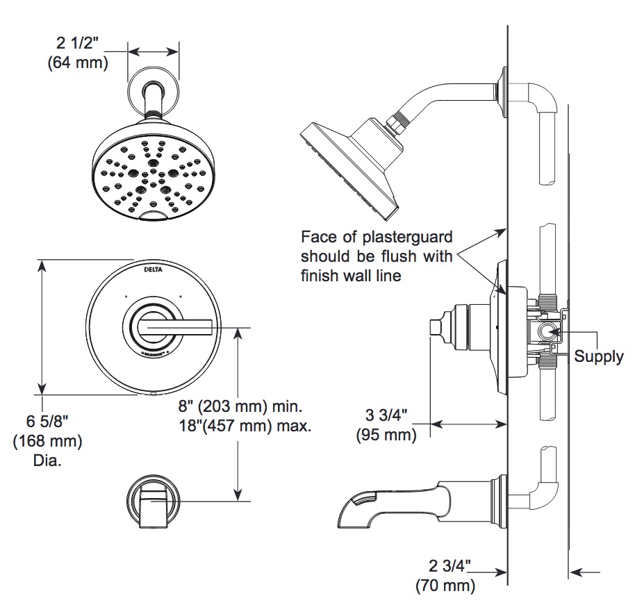 Delta T14289-PR-LHD Tetra 14 Series Shower Trim Less Head