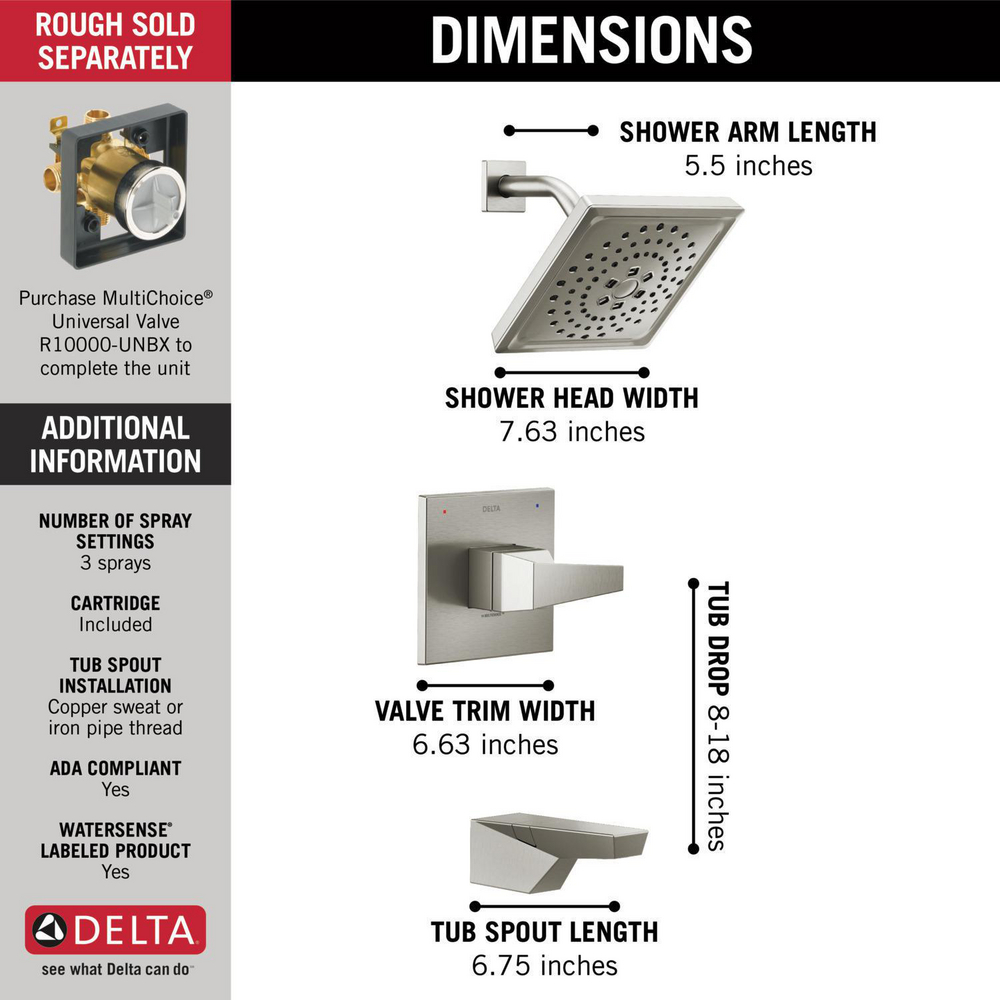 Delta T14443-SS-PR 14 Series H2Okinetic Tub Shower Trim