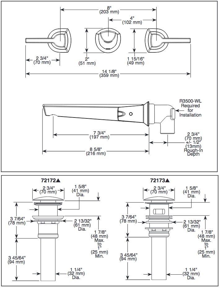 Delta T3571LF-PR-WL Two Handle Wall Mount Bathroom Faucet