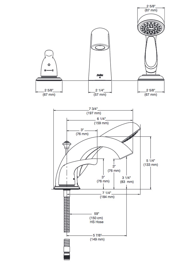 Delta T3716-H20 Classic 3 Hole Roman Tub With Handshower 