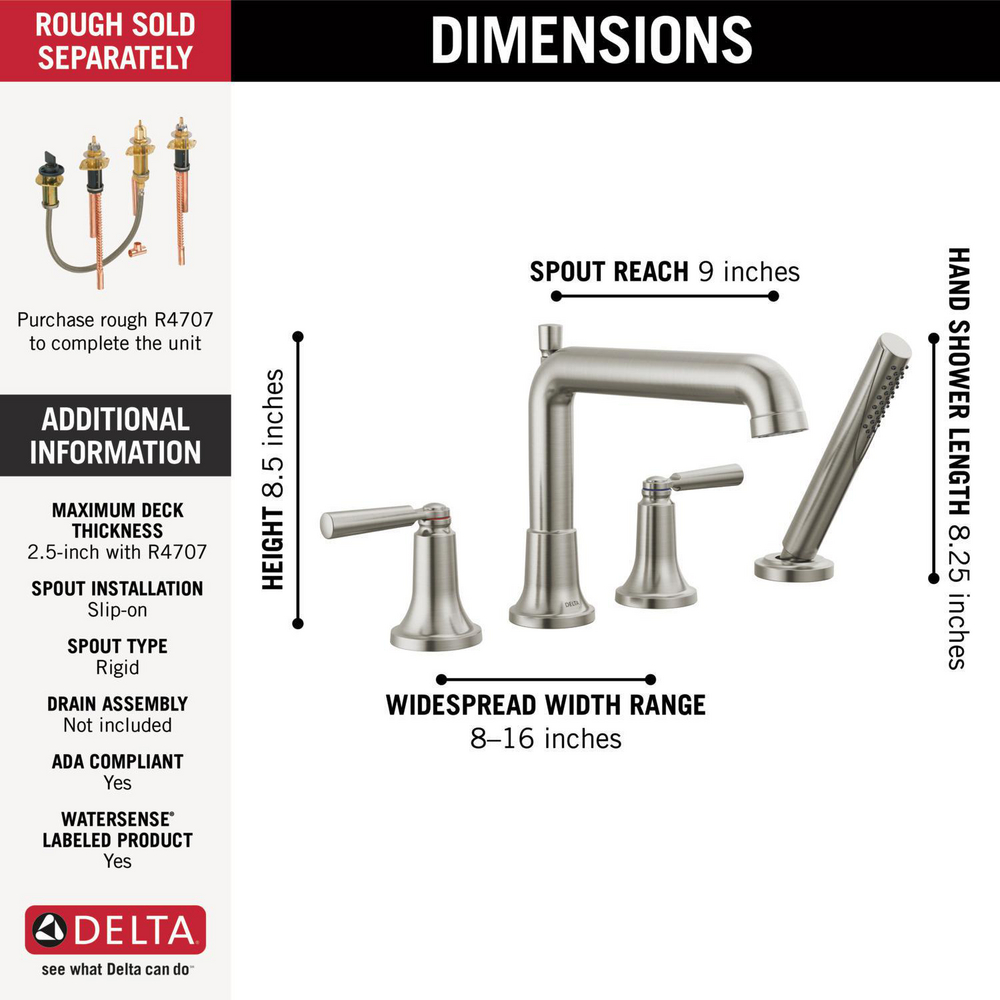Delta T4736-SS Saylor 4-Hole Roman Tub Trim With Hand Shower