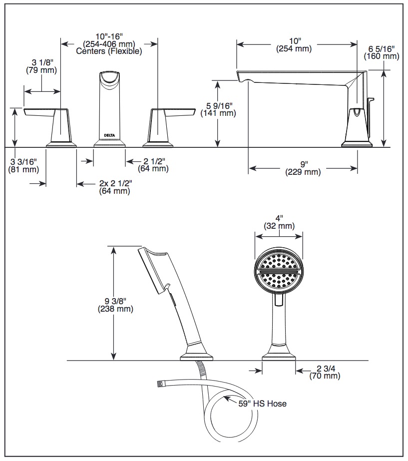 Delta T4771-BL 4-Hole Roman Tub Trim With Hand Shower