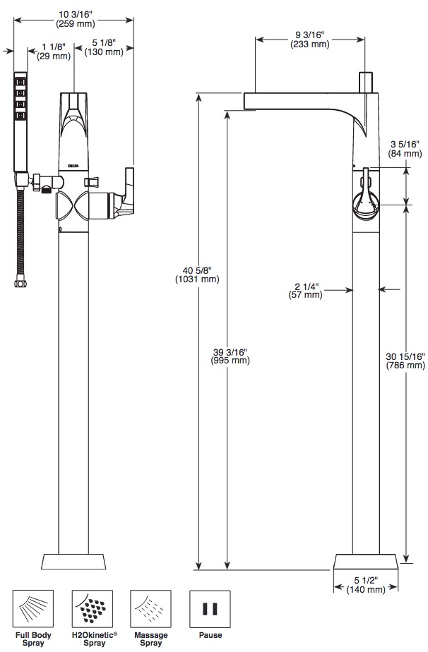 Delta T4774-BLFL Zura Floor Mount Tub Filler With Handshower 