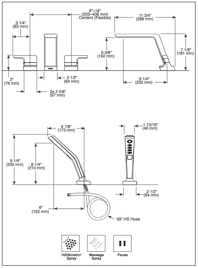 Delta T4799-PR 4 Hole Roman Tub Faucet Shower 2L