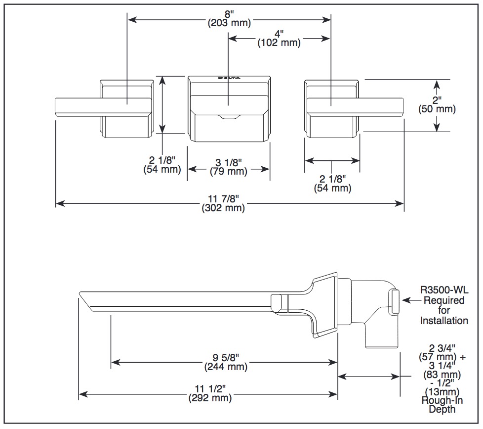 Delta T5799-PR-WL Two Handle Wall Mounted Tub Filler