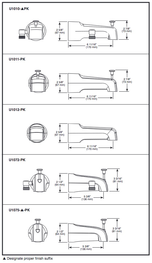 Delta U1011-PK 6 1/2 Inch Standard Diverter Tub Spout 