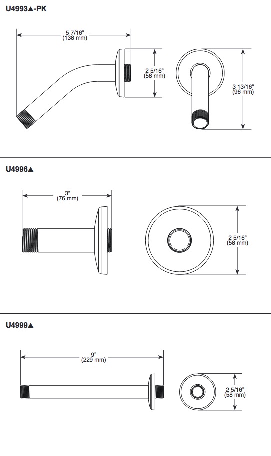 Delta U4996 3 Inch Shower Arm Overhead Mount With Flange 