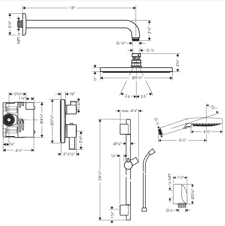 Hansgrohe 04915820 Thermostatic Showerhead/Wallbar Set With Rough 2.5 Gpm