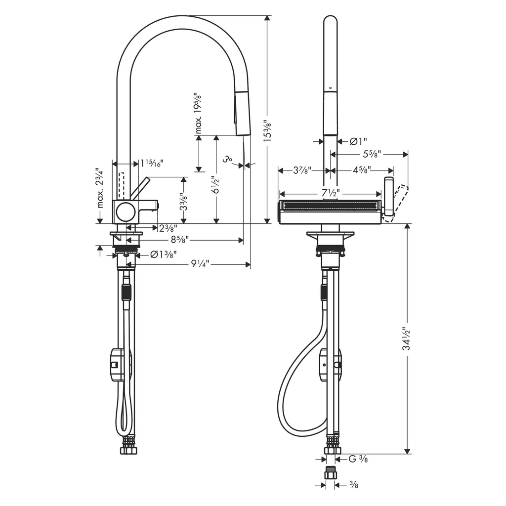 Hansgrohe 73837341 Aquno Higharc Kitchen Faucet 3-Spray Pull-Down 1.75 Gpm Brushed Black Chrome