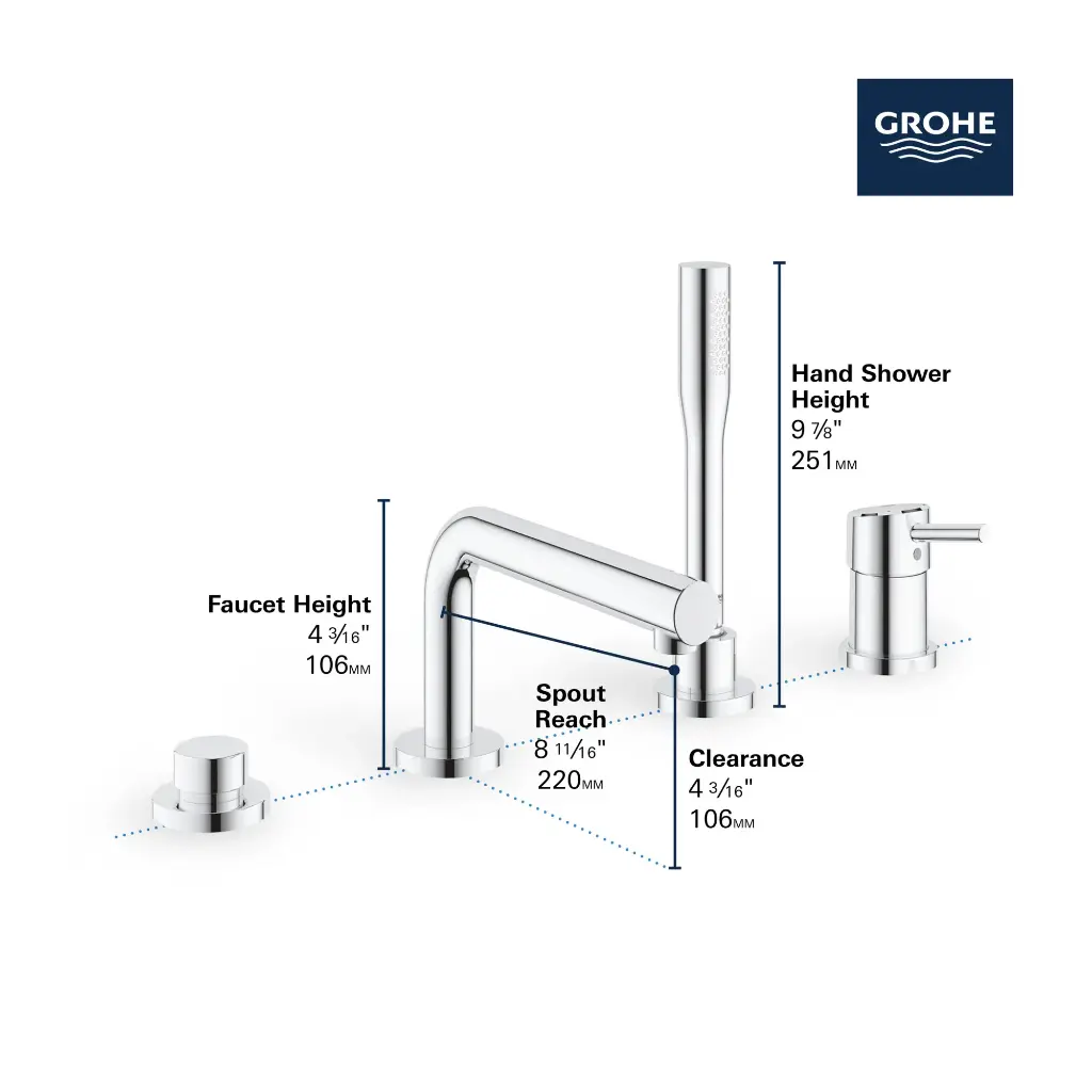 Grohe 19576Gn2 4-Hole Single Handle Deck Mount Roman Tub Faucet With 6.6 L/Min (1.75 Gpm) Hand Shower Brushed Cool Sunrise