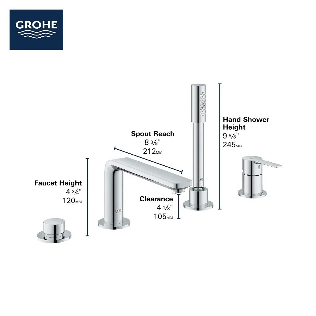Grohe 195772431 4-Hole Single Handle Deck Mount Roman Tub Faucet With 6.6 L/Min (1.75 Gpm) Hand Shower Matte Black