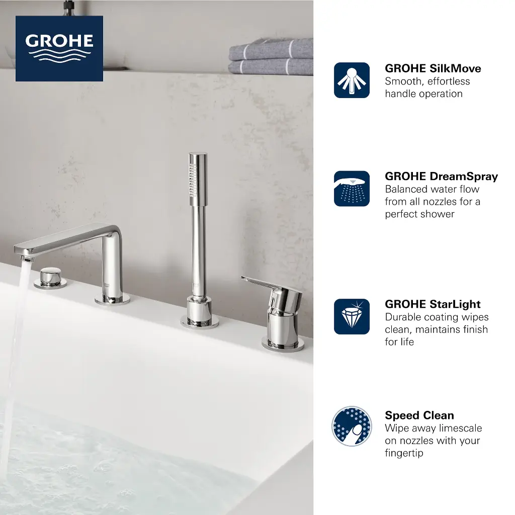 Grohe 19577A01 4-Hole Single-Handle Deck Mount Roman Tub Faucet With 6.6 L/Min (1.75 Gpm) Hand Shower Hard Graphite