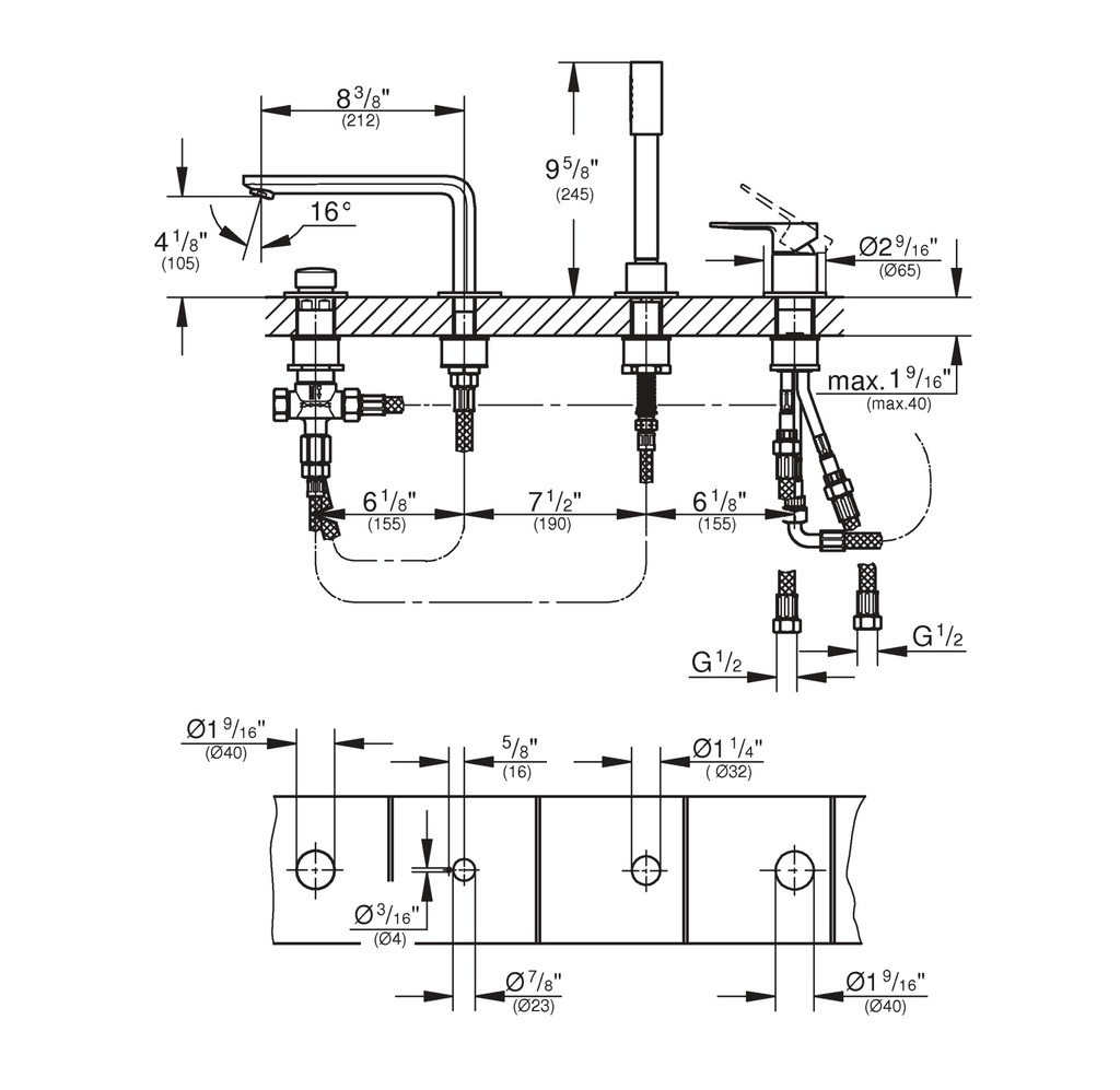 Grohe 19577A01 4-Hole Single-Handle Deck Mount Roman Tub Faucet With 6.6 L/Min (1.75 Gpm) Hand Shower Hard Graphite