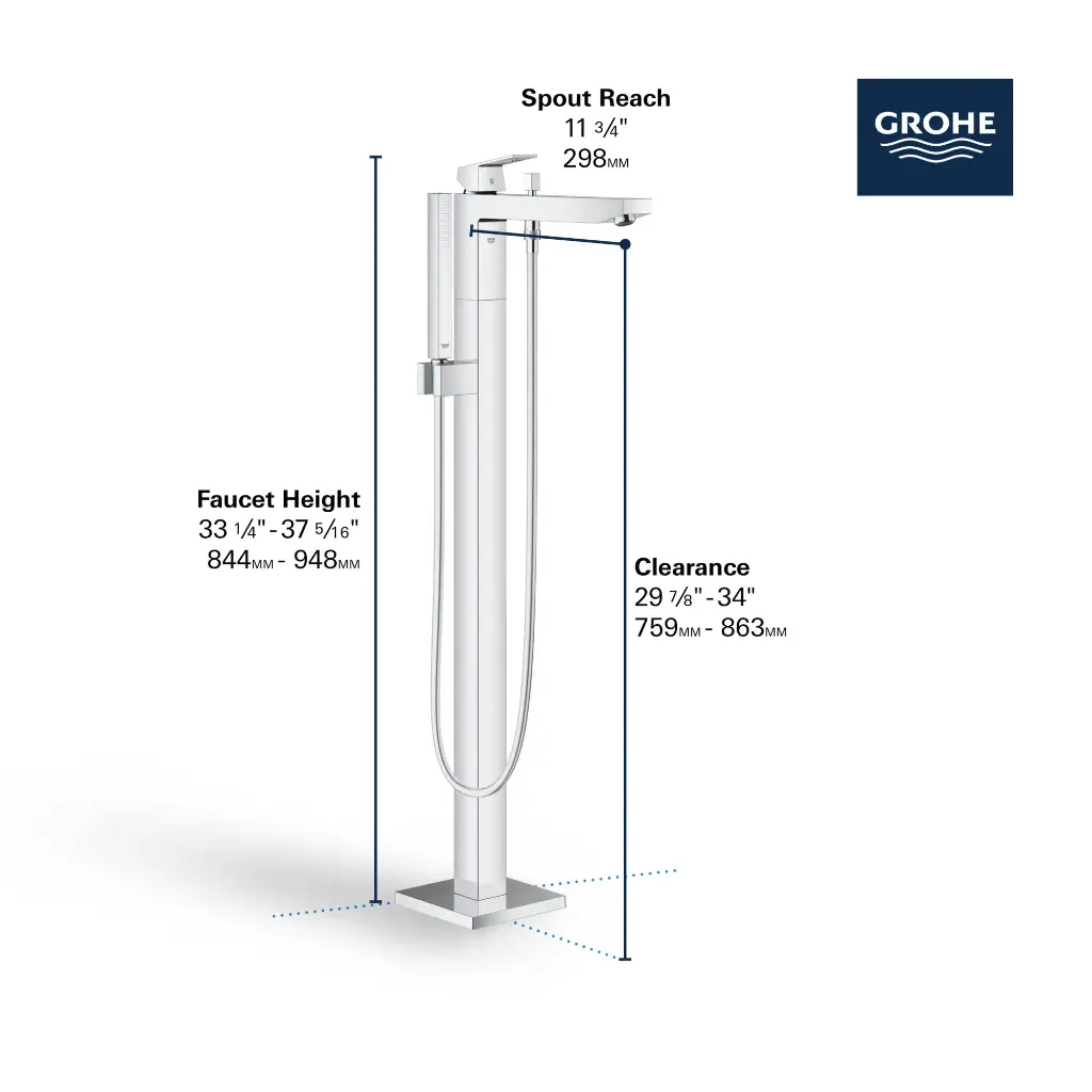 Grohe 23672GN1 Eurocube Single Handle Freestanding Tub Faucet With 6.6 L/Min (1.75 Gpm) Hand Shower Brushed Cool Sunrise