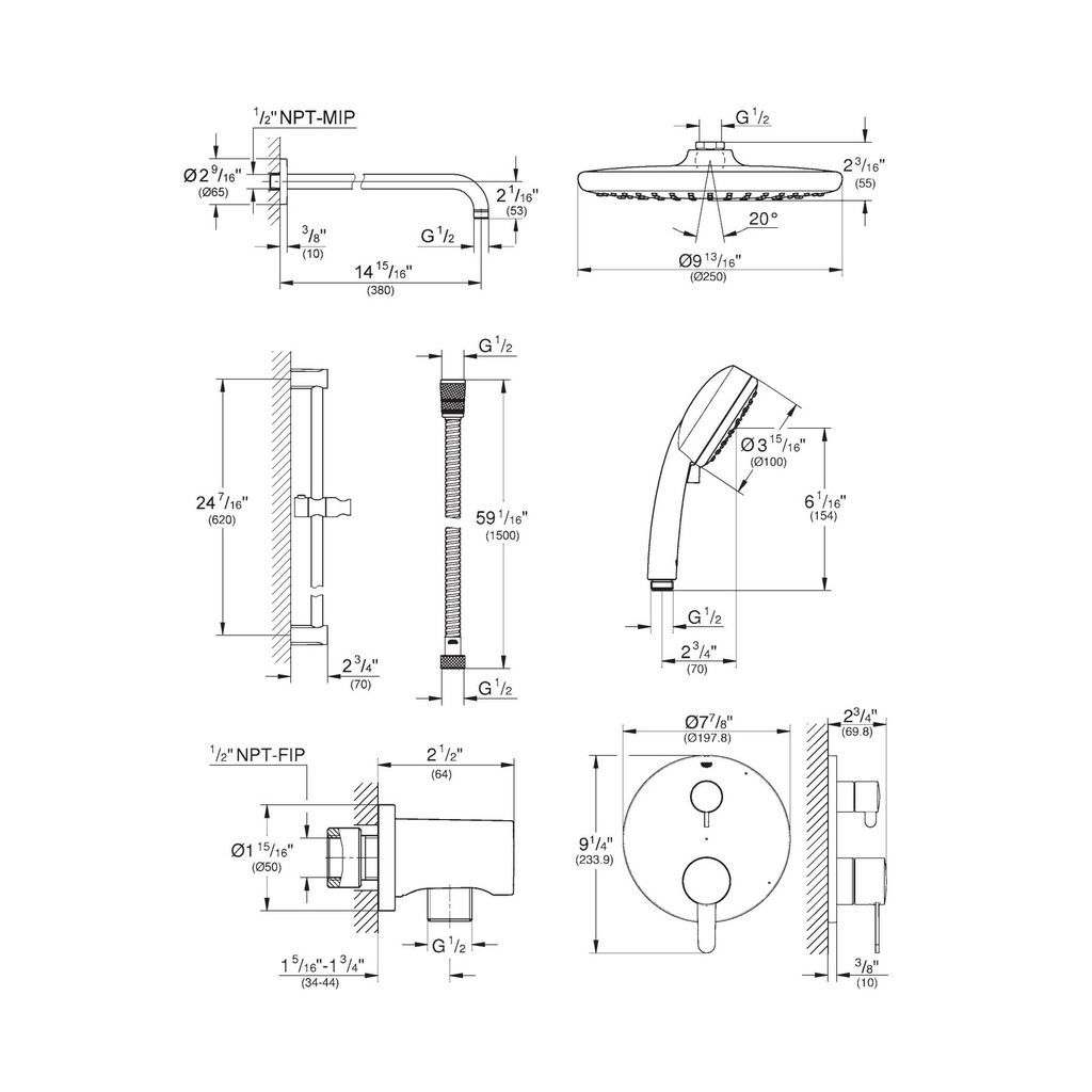 Grohe 29428EN0 Cosmo PBV Rain Shwr Set 1.75Gpm Us Brushed Nickel
