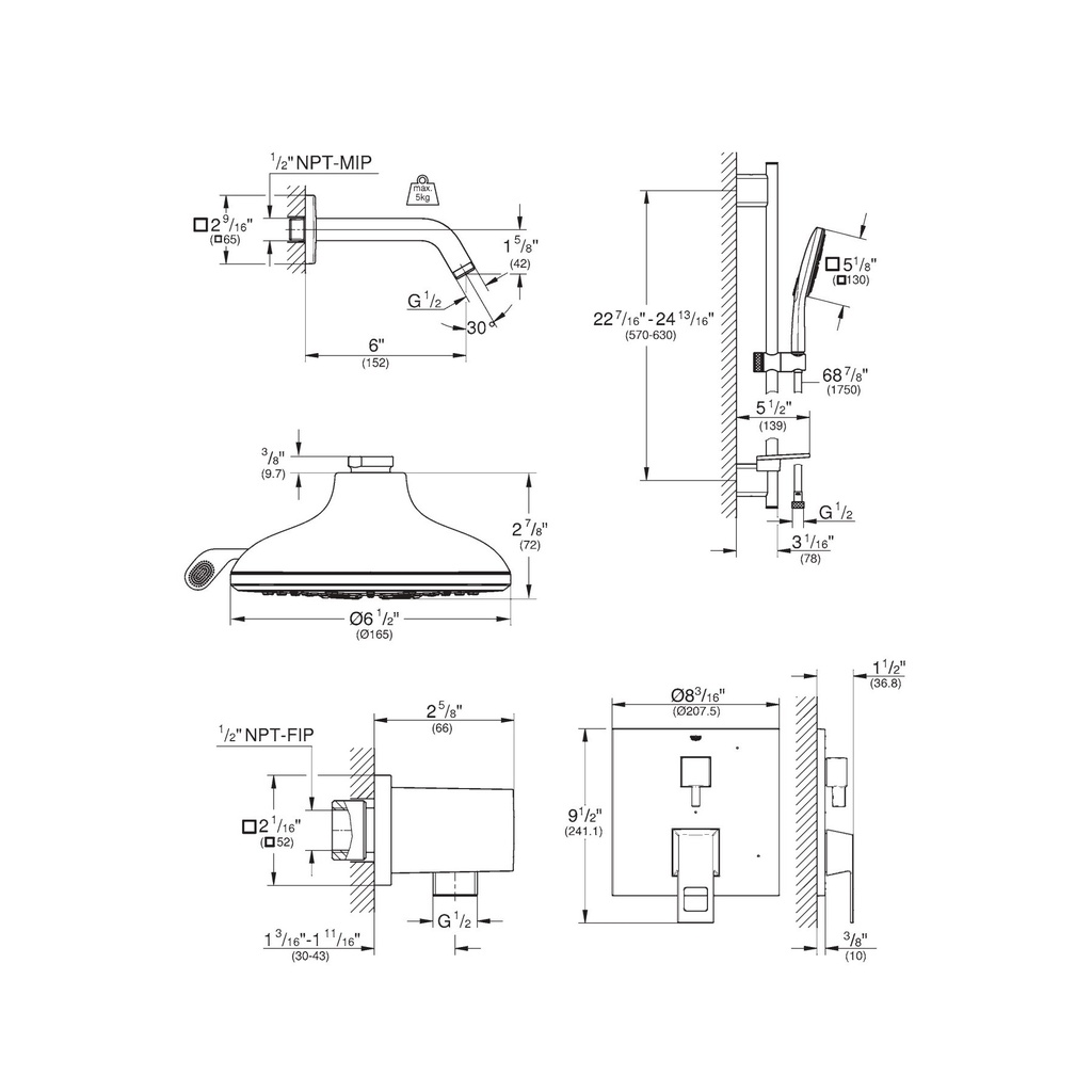 Grohe 29433A00 Eurocube PBV Shwr Set 1.75Gpm Us Hard Graphite
