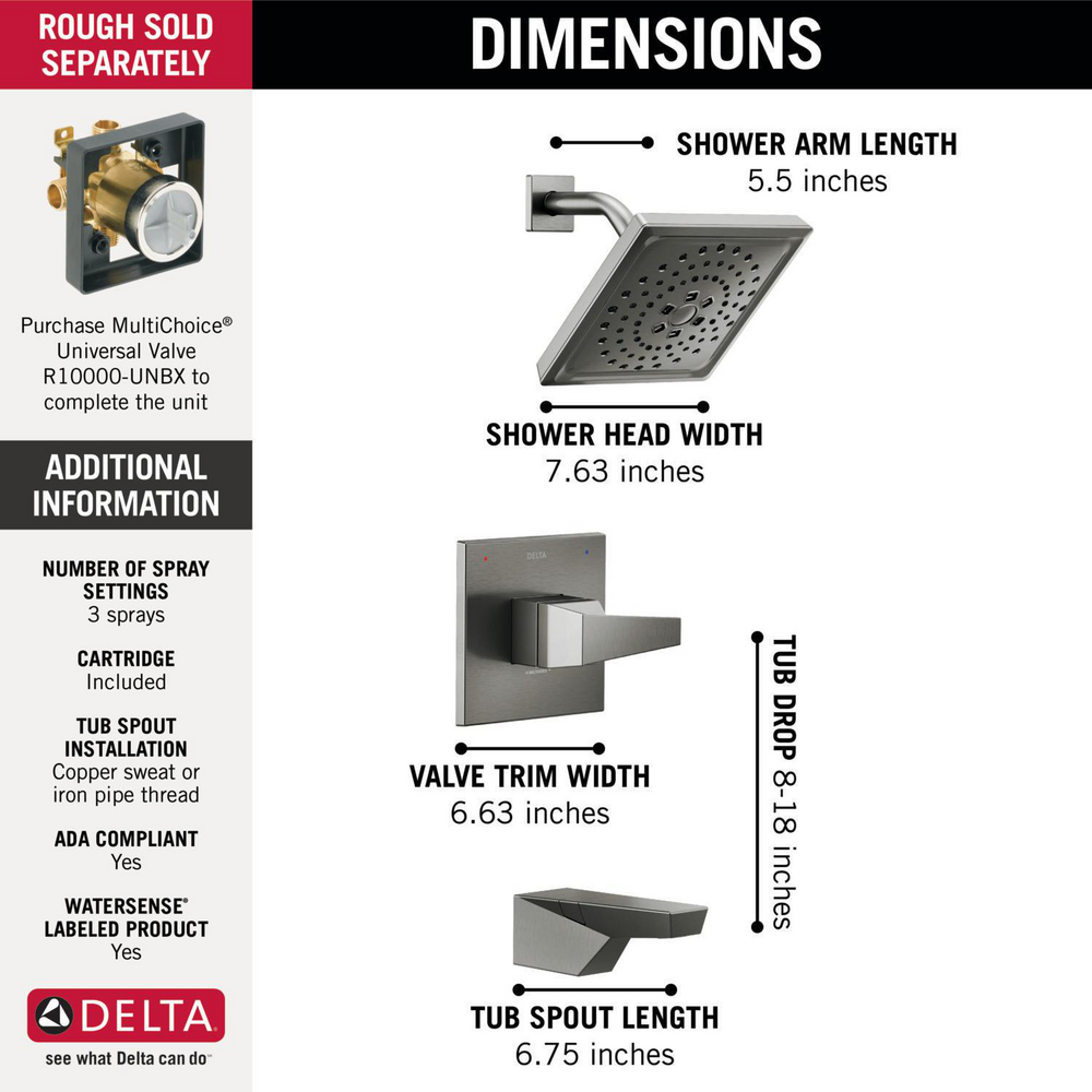 Delta T14443-KS-PR Trillian 14 Series H2Okinetic Tub Shower Trim Lumicoat Black Stainless