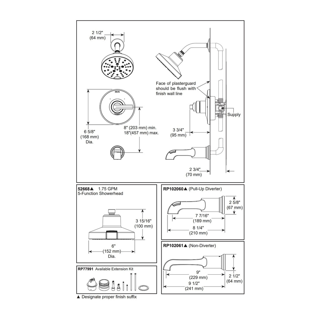 Delta T14089-PR Tetra 14 Series Valve Only Trim Lumicoat Chrome