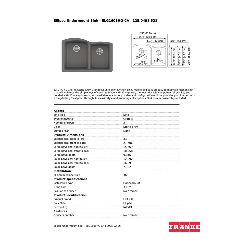 Franke ELG160SHG-CA Ellipse Granite Undermount Sink Double Shadow Grey