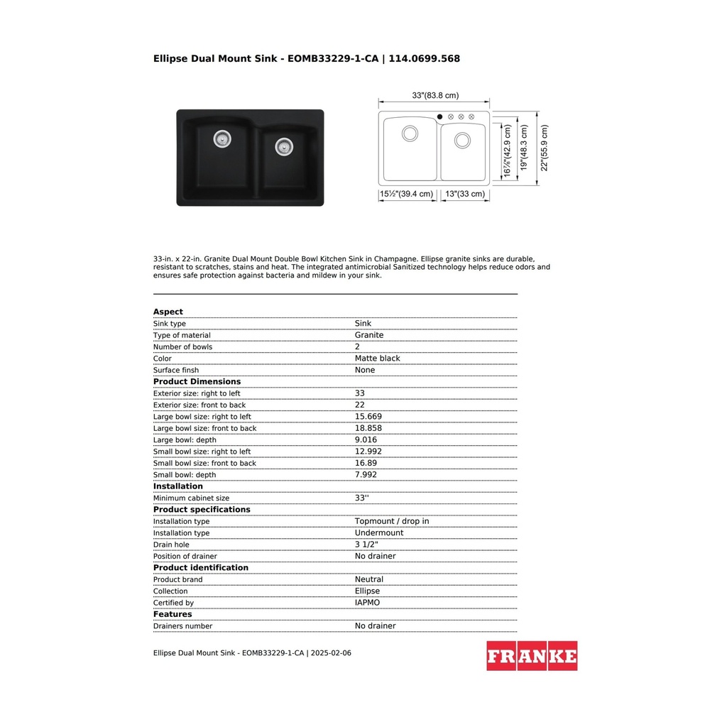 Franke EOMB33229-1-CA Ellipse Dm Grn Matte Blk Dbl 36Cab