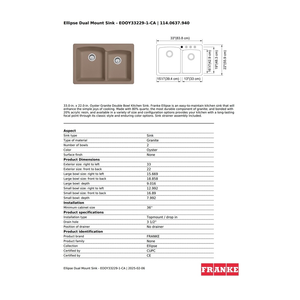 Franke EOOY33229-1-CA Elipse Drop In Combination Oyster