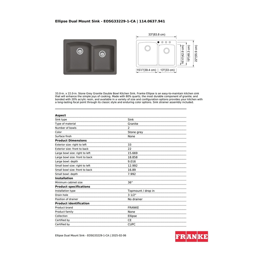 Franke EOSG33229-1-CA Elipse Drop In Combination Stone Grey