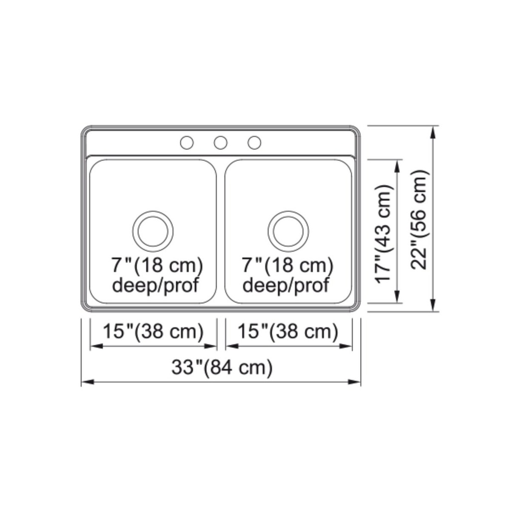Kindred CDLA3322-7-3 Sink Top Mount Double Bowl SS Sink