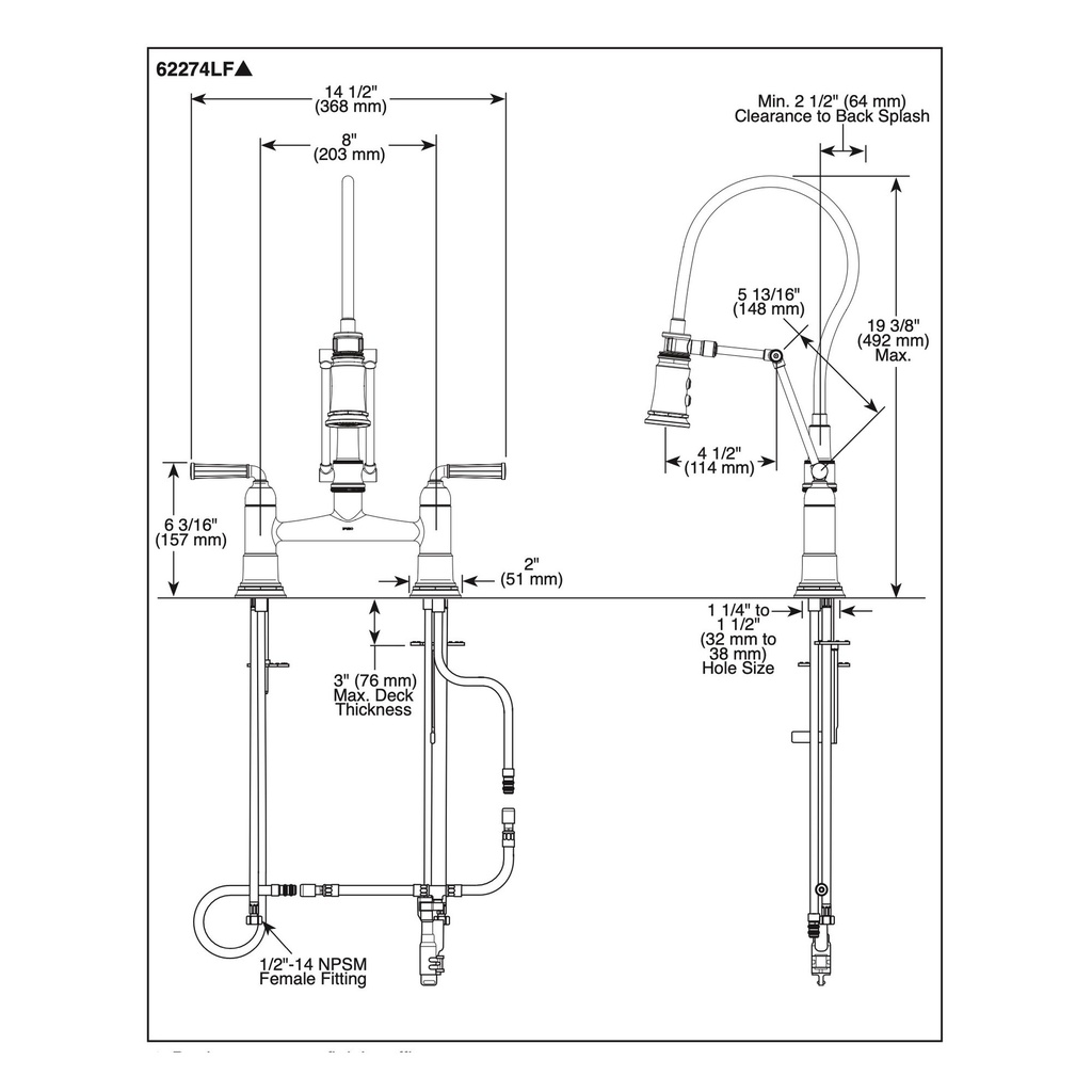 Brizo 62174LF-BL Rook Two Handle Articulating Bridge Faucet With Finished Hose
