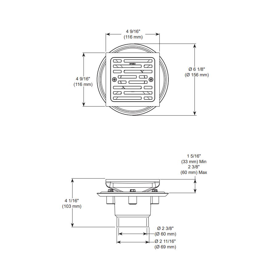 Brizo BT062415-PC 4" Tile-In Square Shower Drain