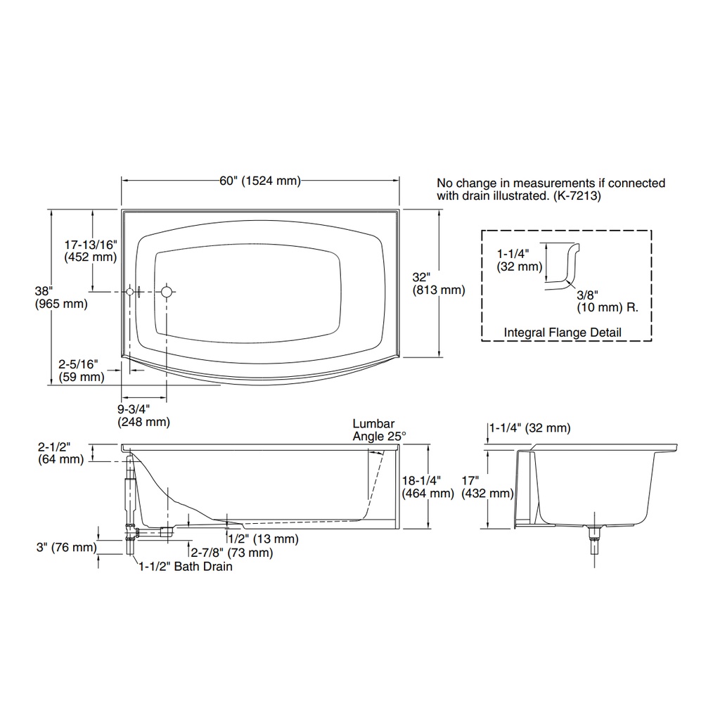 Kohler 1100-LA-0 Expanse Curved Apron Bath